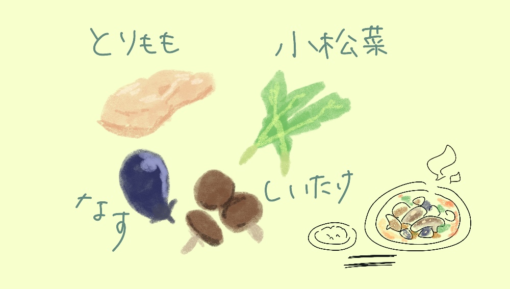 小松菜と大振り茄子の鶏もも生姜焼きのイメージ画像（材料とメニュー）